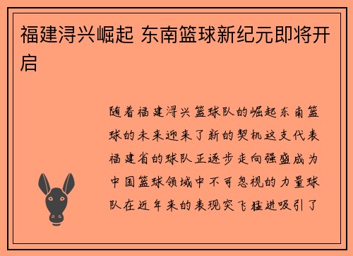 福建浔兴崛起 东南篮球新纪元即将开启