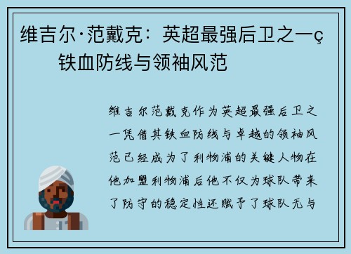 维吉尔·范戴克：英超最强后卫之一的铁血防线与领袖风范