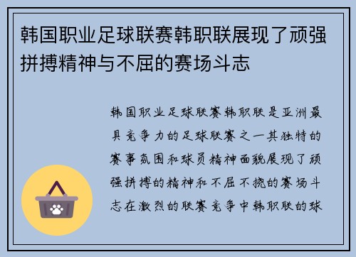 韩国职业足球联赛韩职联展现了顽强拼搏精神与不屈的赛场斗志