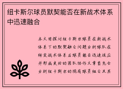 纽卡斯尔球员默契能否在新战术体系中迅速融合